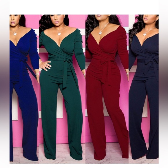 Women's Sexy Wrap Top Wide Leg Long Sleeve Cocktail V Neck Jumpsuit - Picture 10 of 10